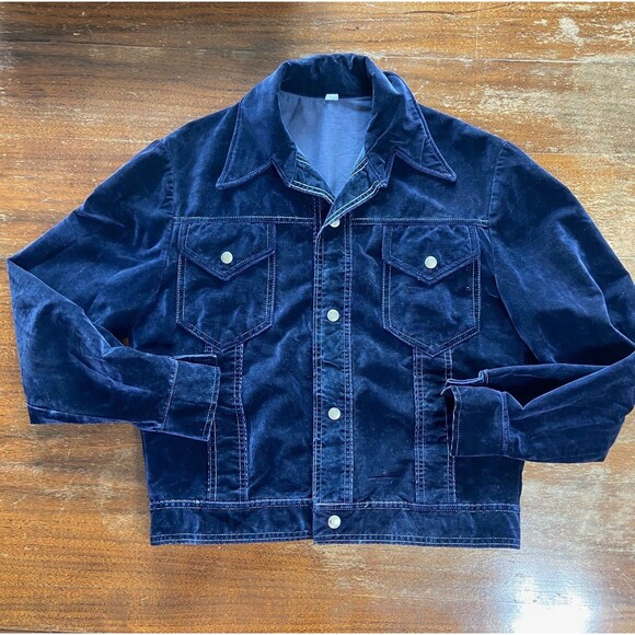 Vintage 70s Navy Blue Velvet Jean-Denim-Style Jacket Wide Collar felt velveteen - Picture 9 of 15